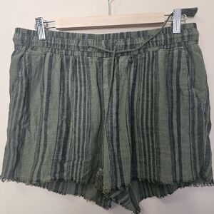 Time And True Women's Size M Green Striped Raw Hem Linen Blend Shorts